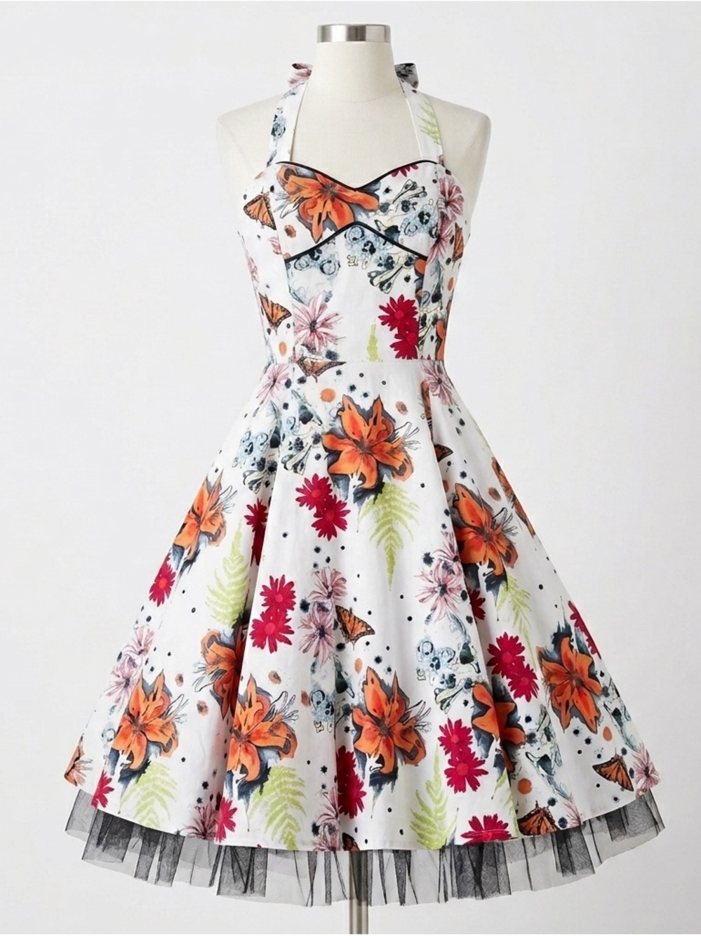 H&R London White Tiger Swallowtail Red Daisy Skulls 50s Halter Dress Size US 8